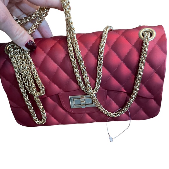 NWOT Le Miel Ruby Red Matte Jelly Medium Flap Bag Crossbody Gold Double Chain - Picture 11 of 12